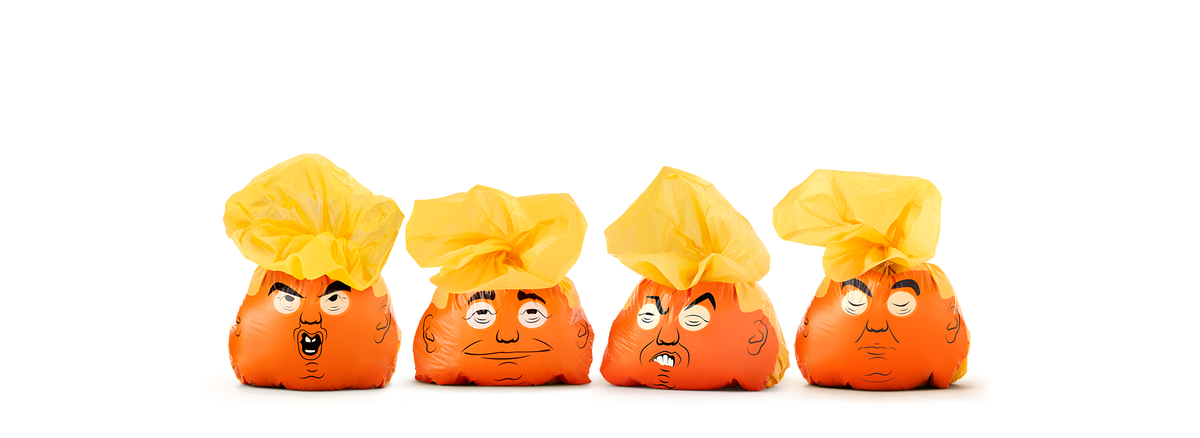 Four tied Stable Genius bags in a row, each face stretched full and pulling a different expression.