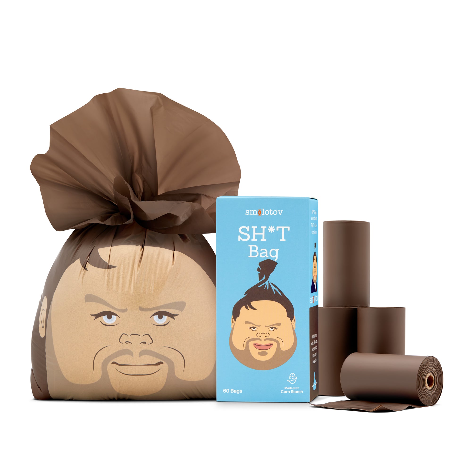 Brown pet waste bag with a face design and a box labeled 'SH*T Bag' on a white background