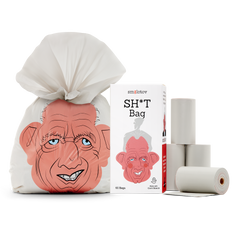 Kennedizine tied waste bag with the character face, alongside the box and 4 rolls of 15 bags
