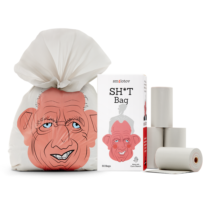Kennedizine tied waste bag with the character face, alongside the box and 4 rolls of 15 bags