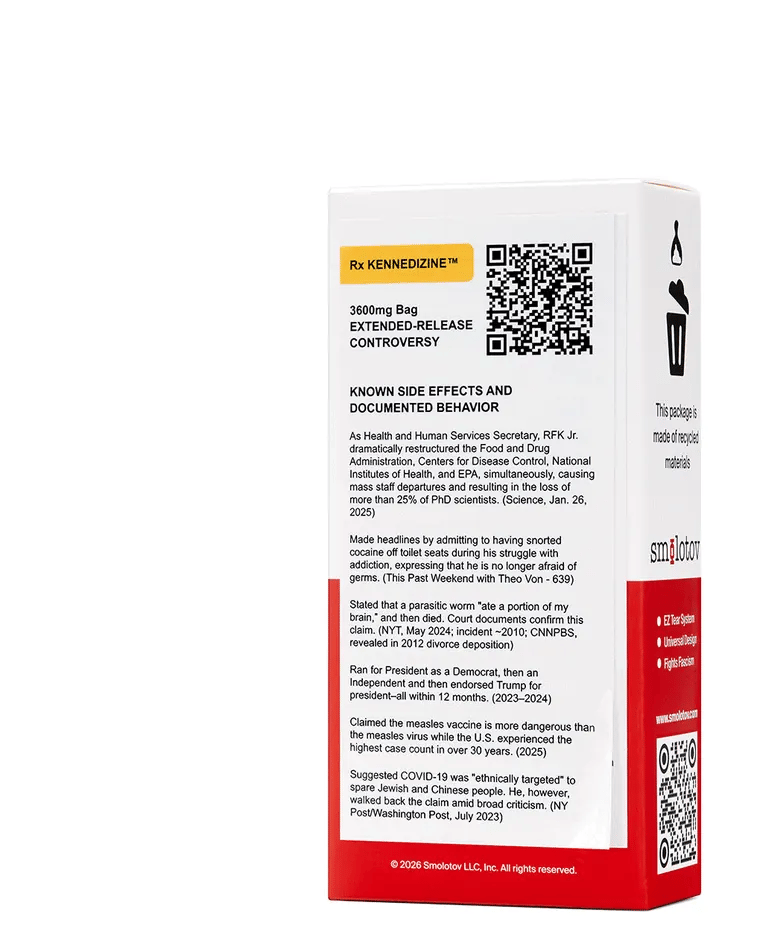 The back of the Kennedizine carton: the Rx label peels back to reveal the full list of documented side effects.